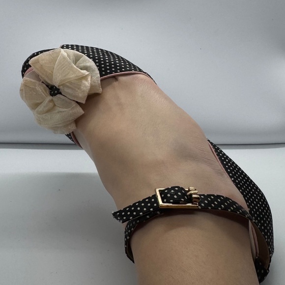 Betsey Johnson "Oli" Black Polka Dot Print Satin Peep Toe Heels. 8M - Picture 8 of 11